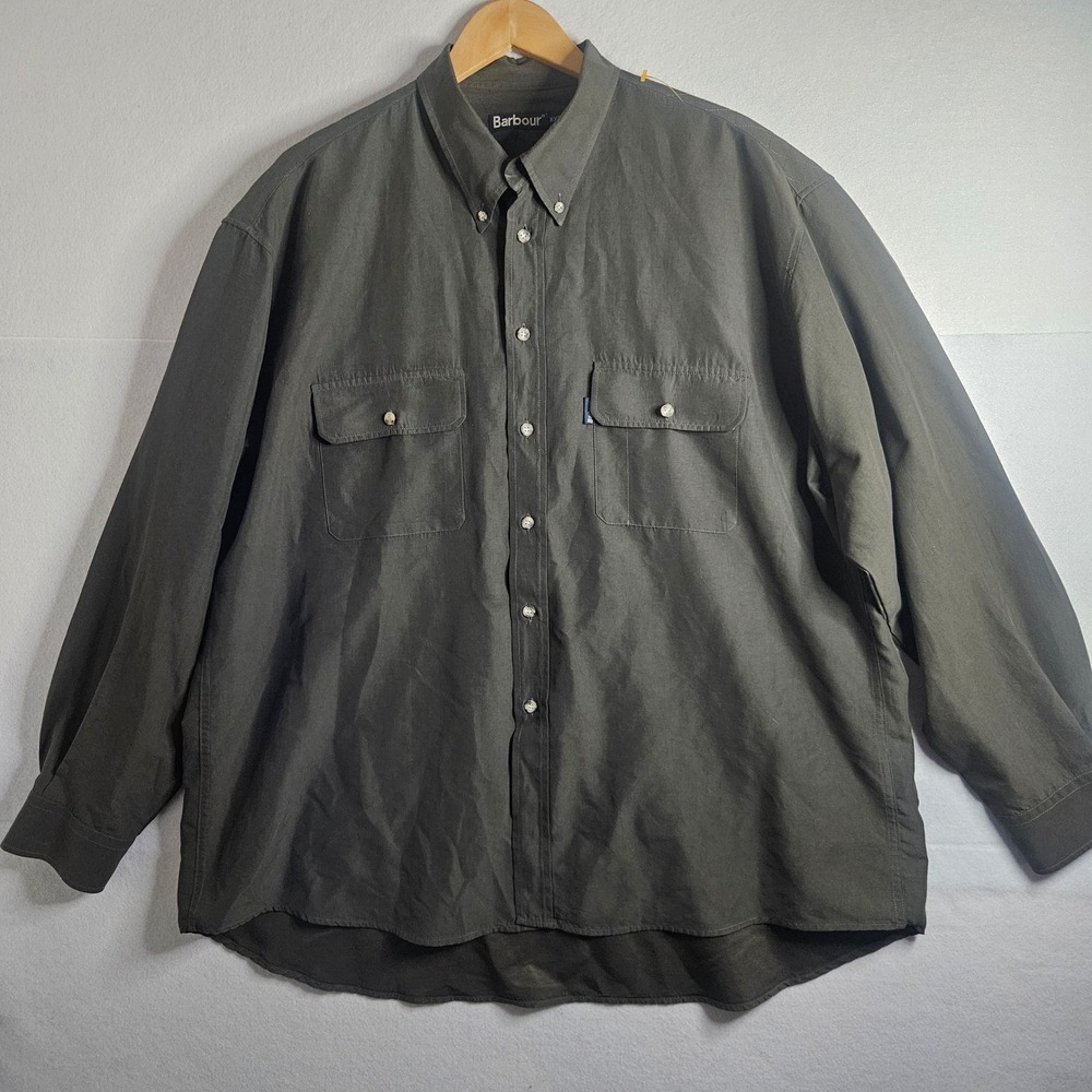 Barbour Mens XXL Olive Green Long Sleeve Button Down Utility Shirt Chest Pockets
